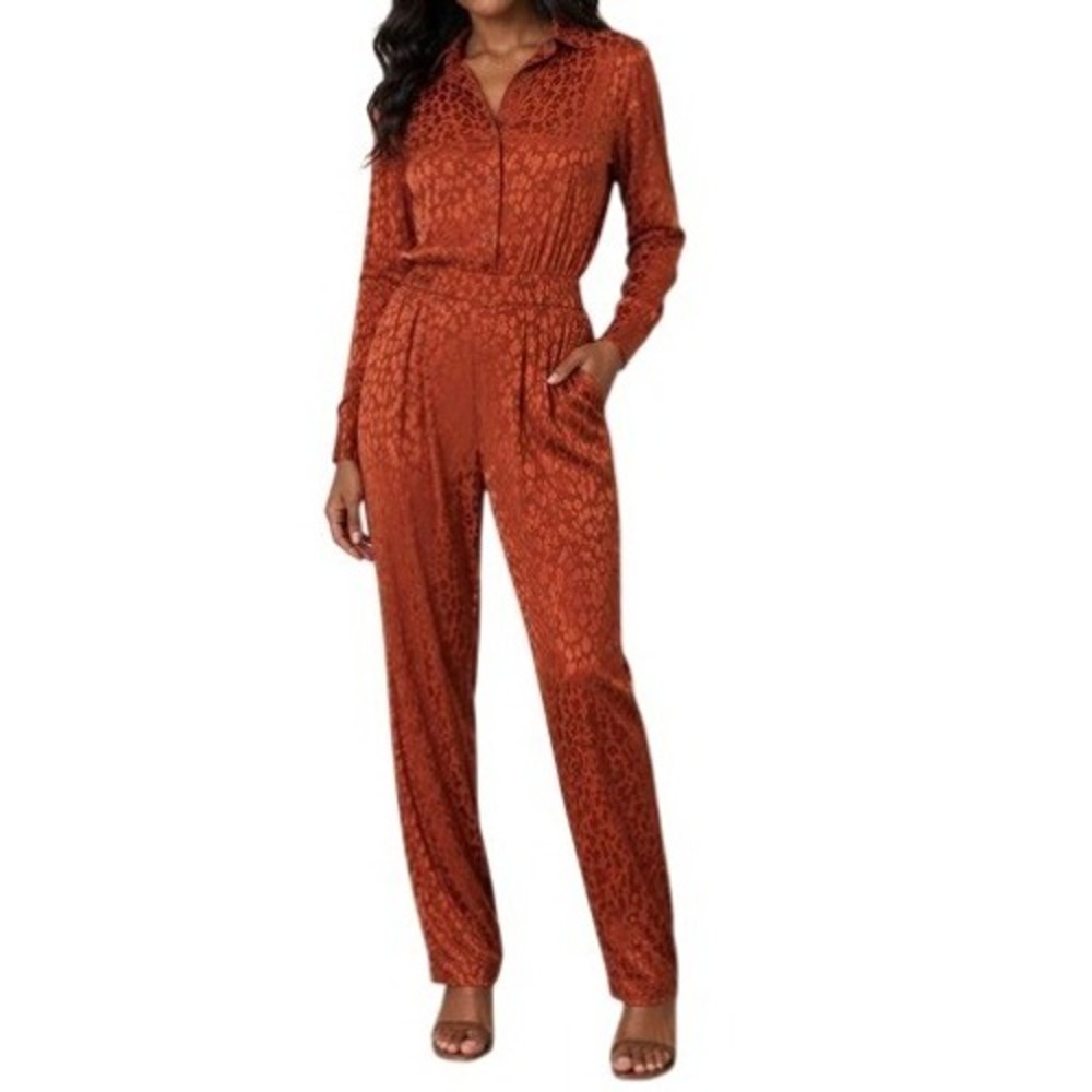 On 34th Womens XL Rust Orange Leopard Jacquard Long Sleeve Button Front Jumpsuit